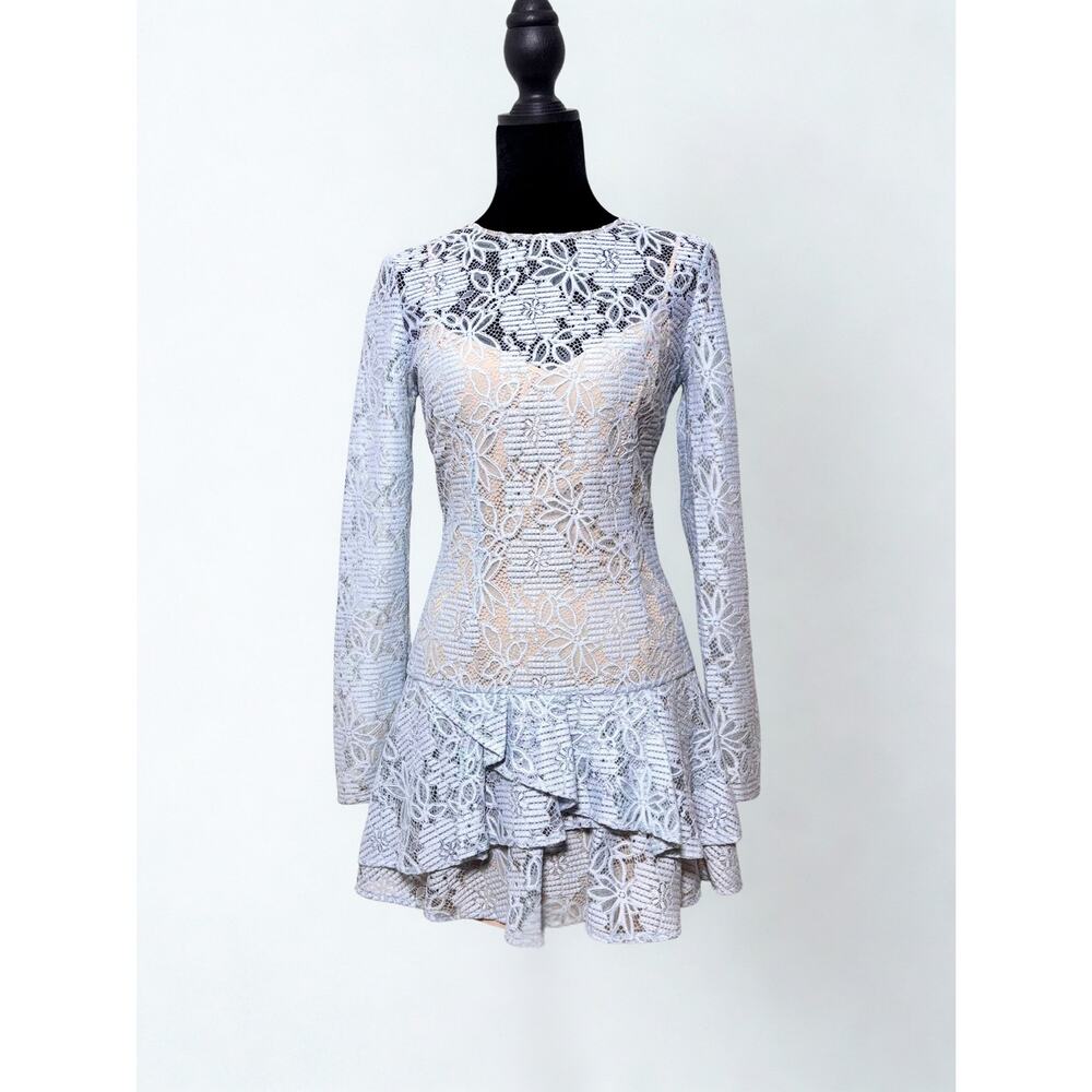 Vtg Y2K BCBGMaxAzria Icy Blue Sheer Lace Fitted Drop Waist Dress Tiered Skirt
